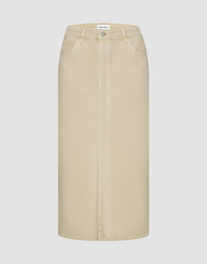 Khaki Urban Revivo Midi Straight Women\'s Denim Skirt | KMNFOA-984