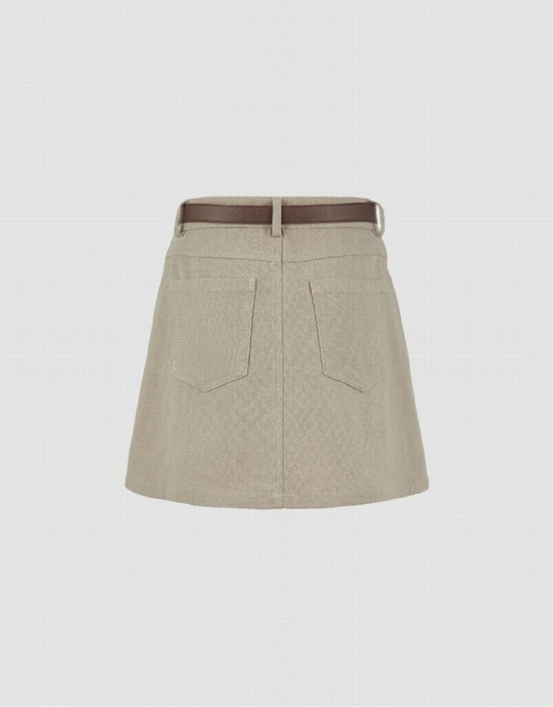 Khaki Urban Revivo Mini A-Line With Belt Women's Denim Skirt | XICWVH-529