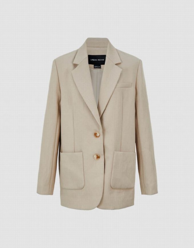 Khaki Urban Revivo Notch Lapel Tailored Women's Blazers | PBUALS-531