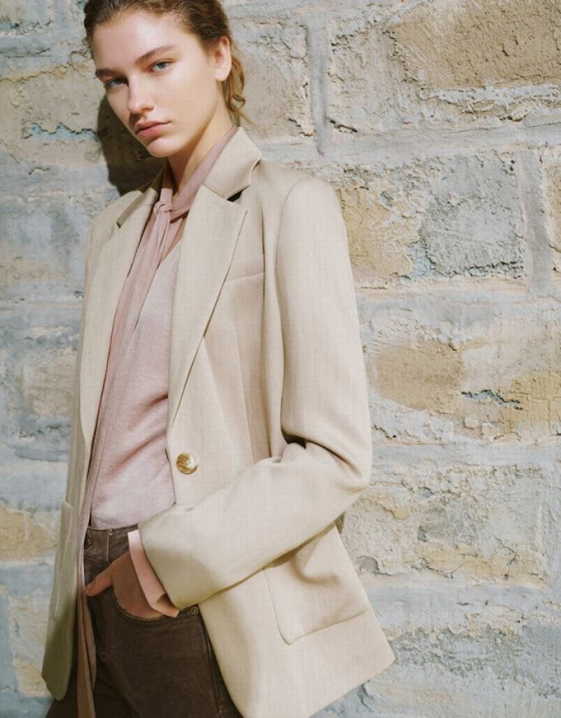 Khaki Urban Revivo Notch Lapel Tailored Women's Blazers | PBUALS-531