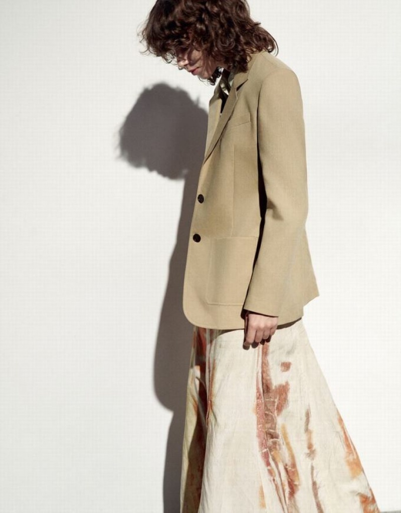 Khaki Urban Revivo Notch Lapel Tailored Women's Blazers | IZKXAJ-087