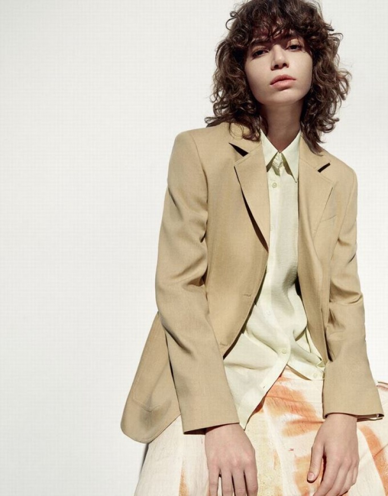 Khaki Urban Revivo Notch Lapel Tailored Women's Blazers | IZKXAJ-087