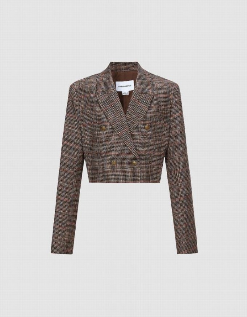 Khaki Urban Revivo Plaid Cropped Tailored Women's Blazers | UFTDEV-139