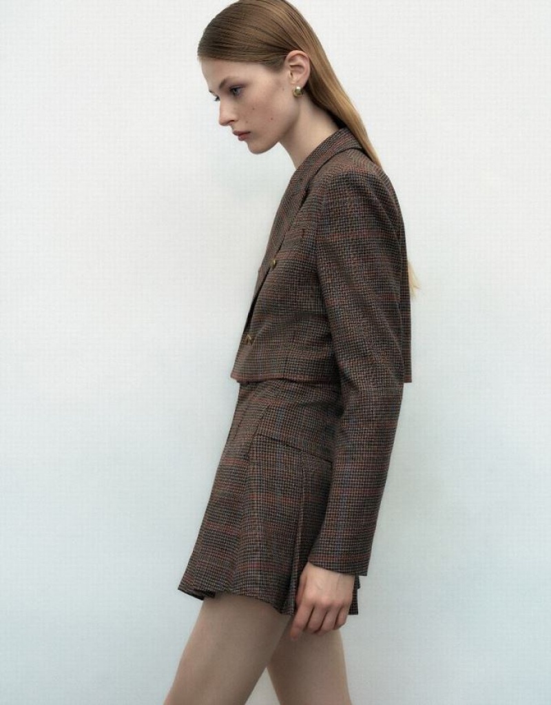 Khaki Urban Revivo Plaid Cropped Tailored Women's Blazers | UFTDEV-139