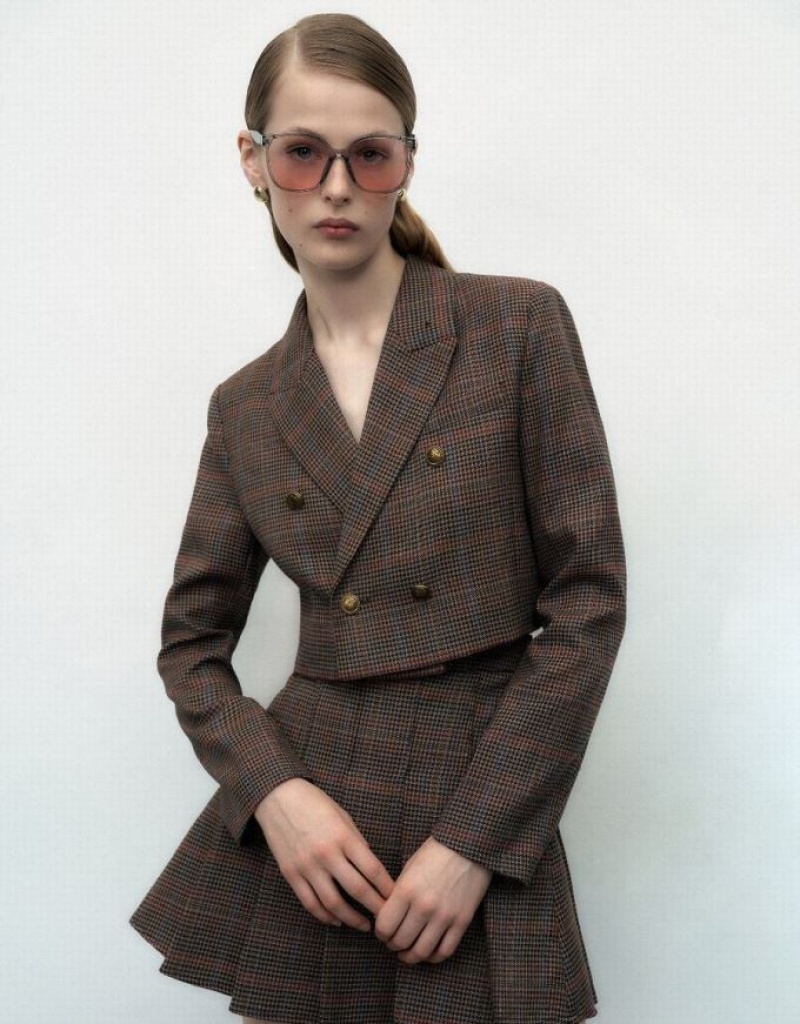Khaki Urban Revivo Plaid Cropped Tailored Women\'s Blazers | UFTDEV-139