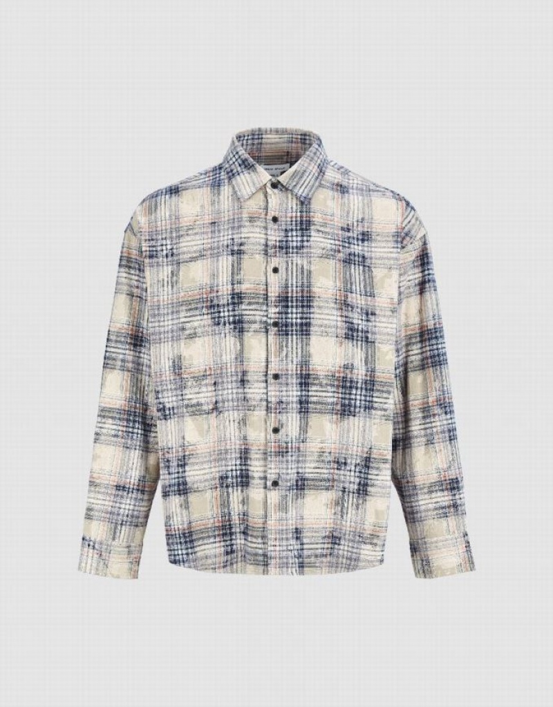 Khaki Urban Revivo Plaid Oversized Men's Shirts | USDCHR-836