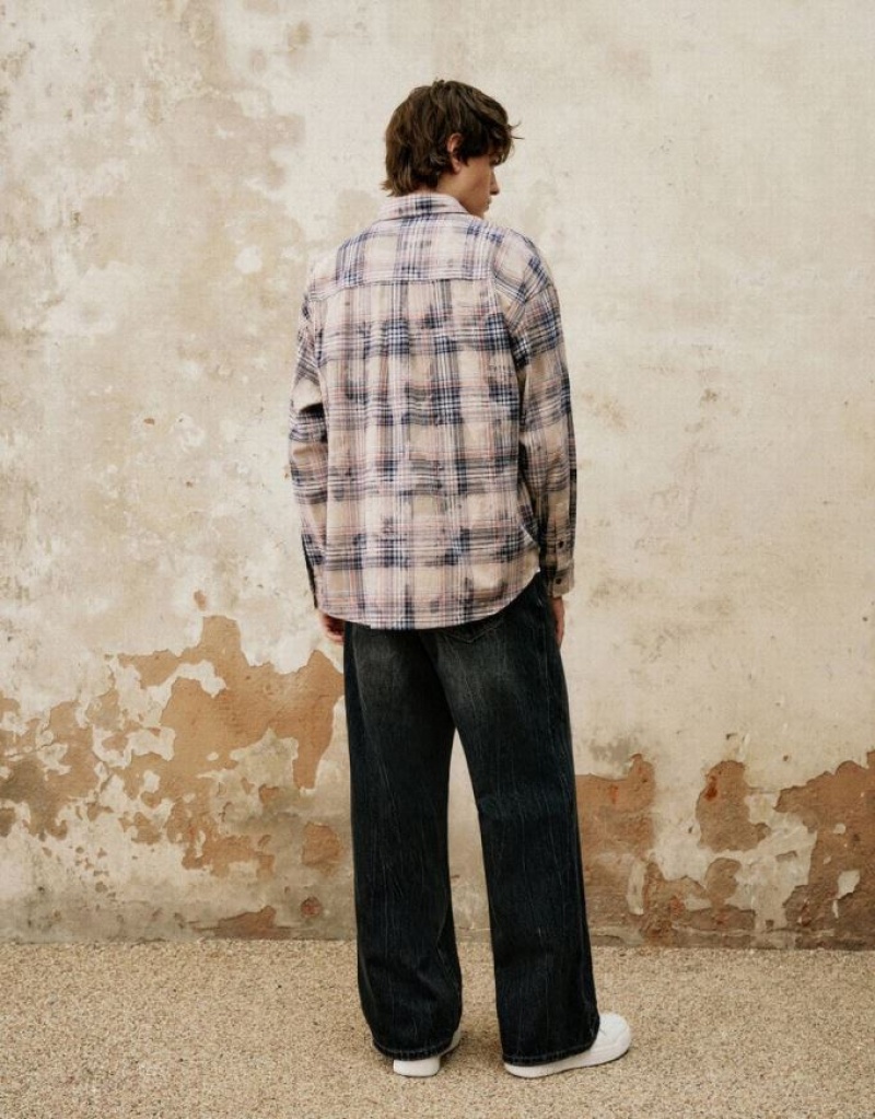 Khaki Urban Revivo Plaid Oversized Men's Shirts | USDCHR-836