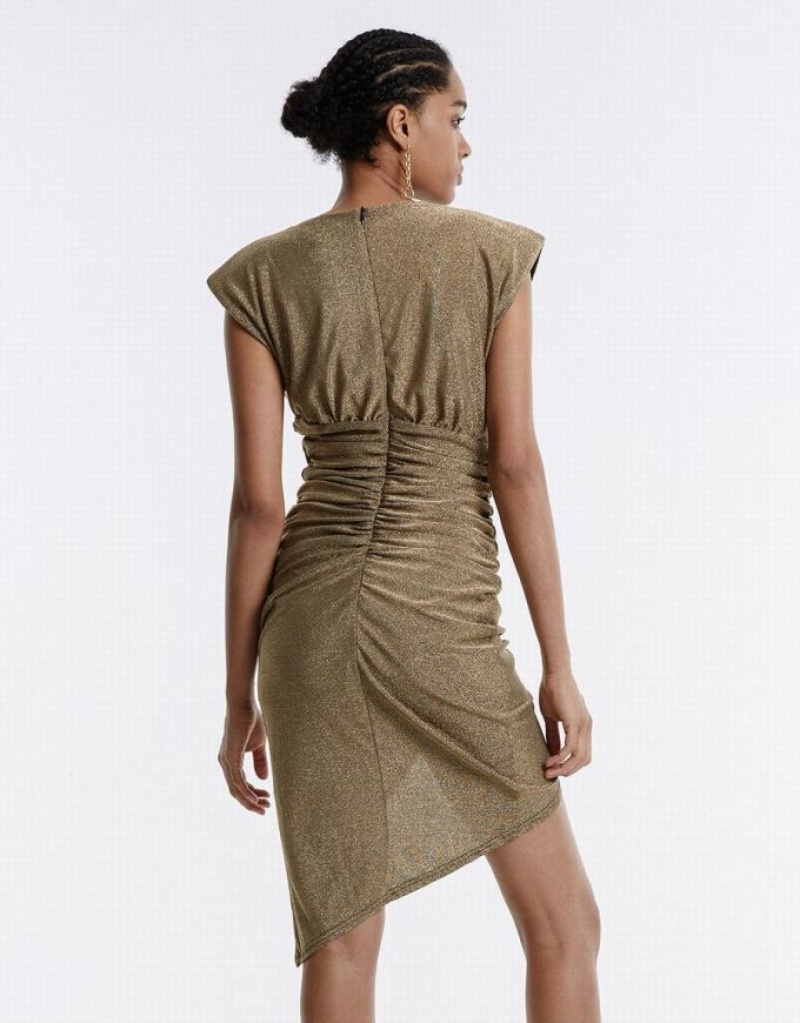 Khaki Urban Revivo Ruched Glitter Women's Short Dress | KIJLWG-586