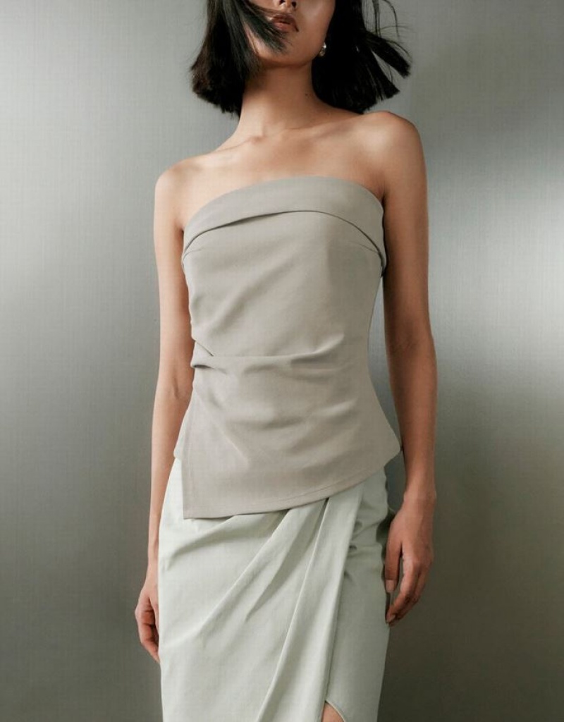 Khaki Urban Revivo Ruched Top Women's Bandeau | BUILXQ-652