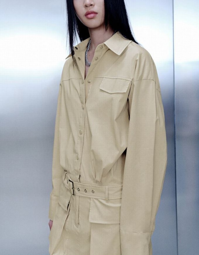 Khaki Urban Revivo Skater With Belt Women's Shirt Dress | TLHZYN-256