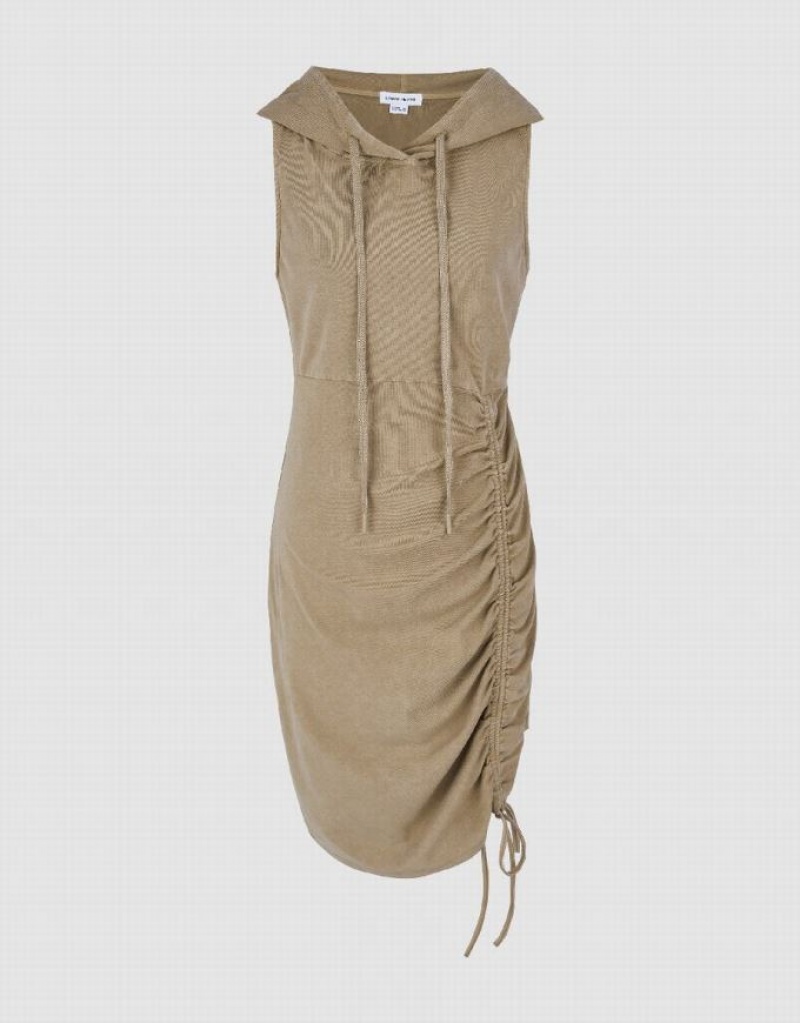 Khaki Urban Revivo Sleeveless Hooded Skater Women's Short Dress | DGZXYP-856