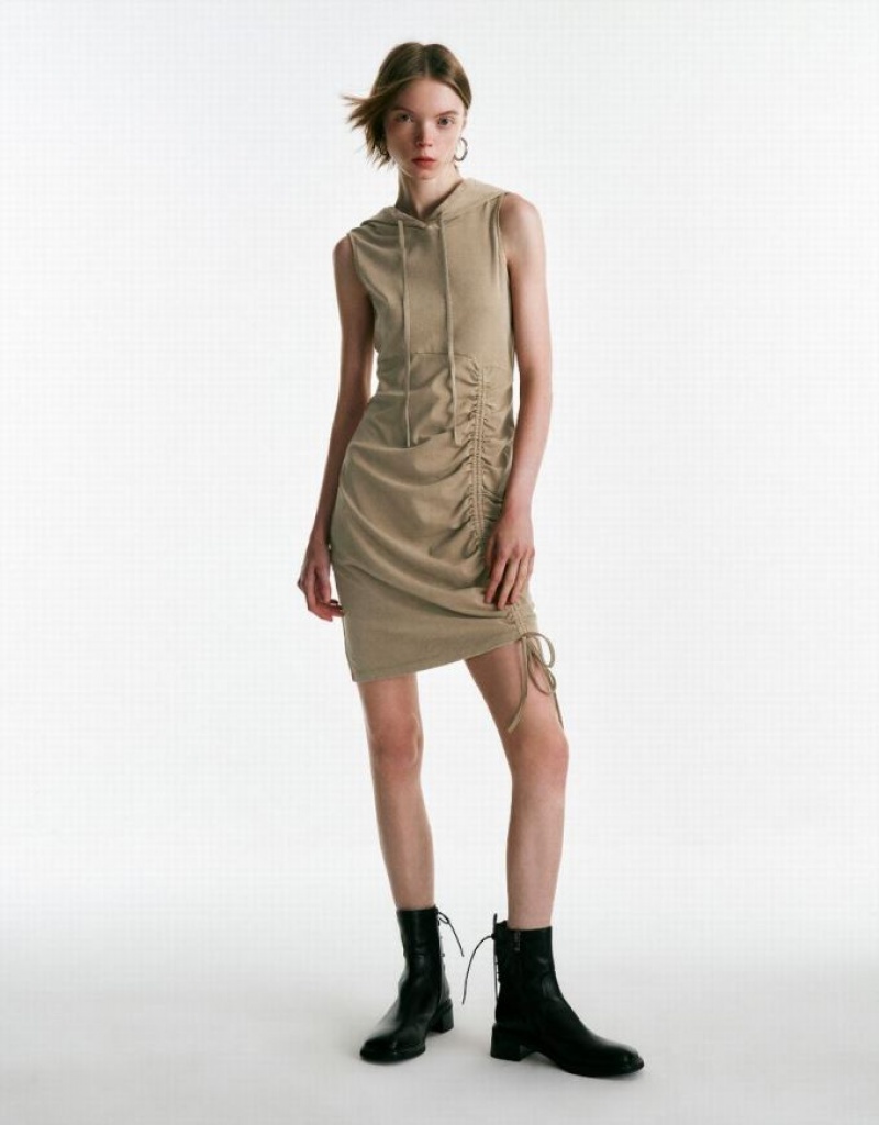 Khaki Urban Revivo Sleeveless Hooded Skater Women\'s Short Dress | DGZXYP-856