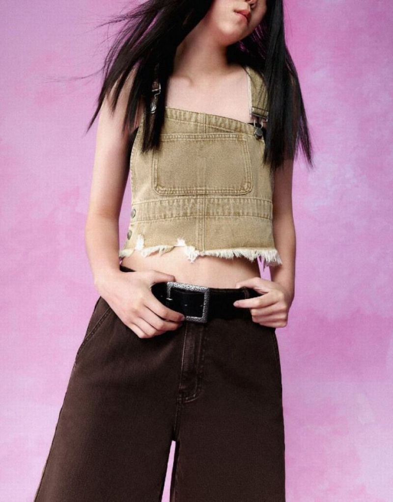 Khaki Urban Revivo Sleeveless Off-Shoulder Denim Women's Shirts | NDRYEF-382