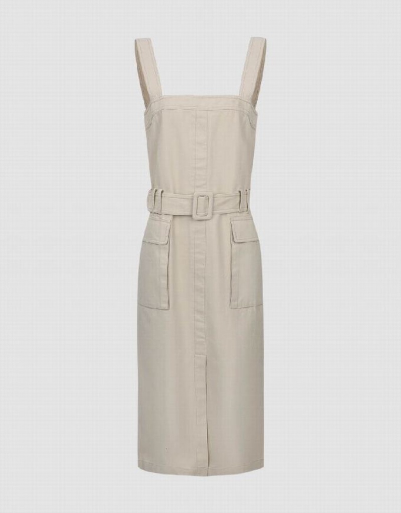 Khaki Urban Revivo Sleeveless Off-Shoulder A-Line Women's Dress | LWJUMC-924