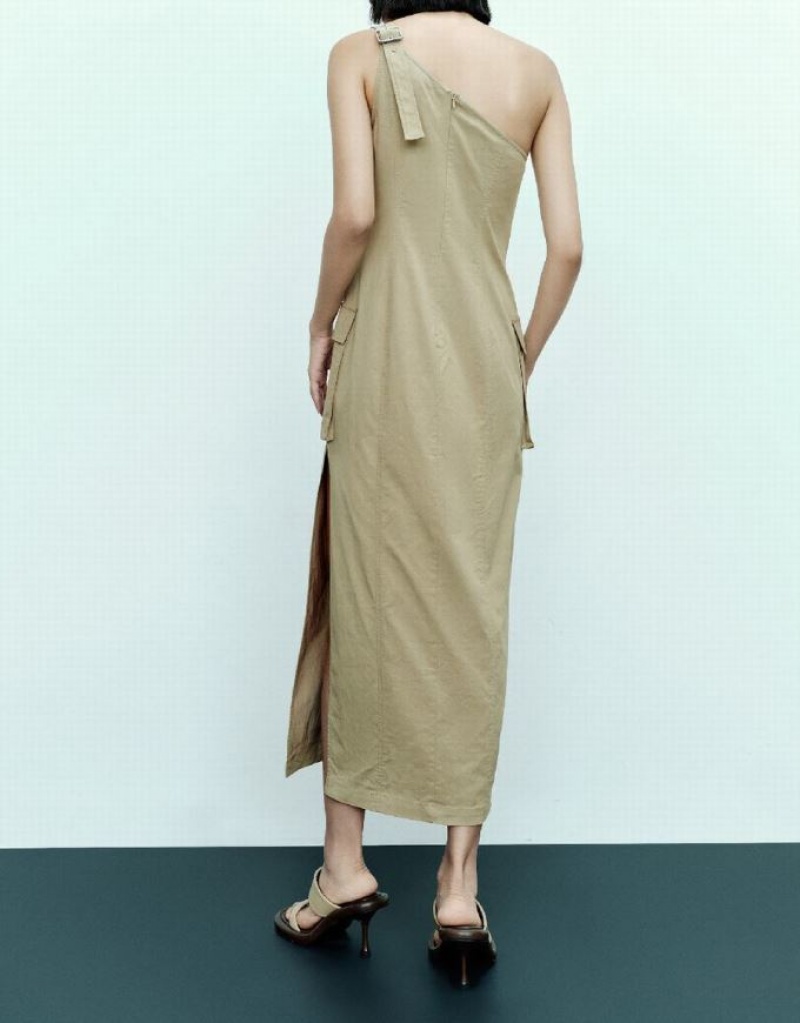 Khaki Urban Revivo Sleeveless One Shoulder Straight Women's Dress | OUFAYZ-812