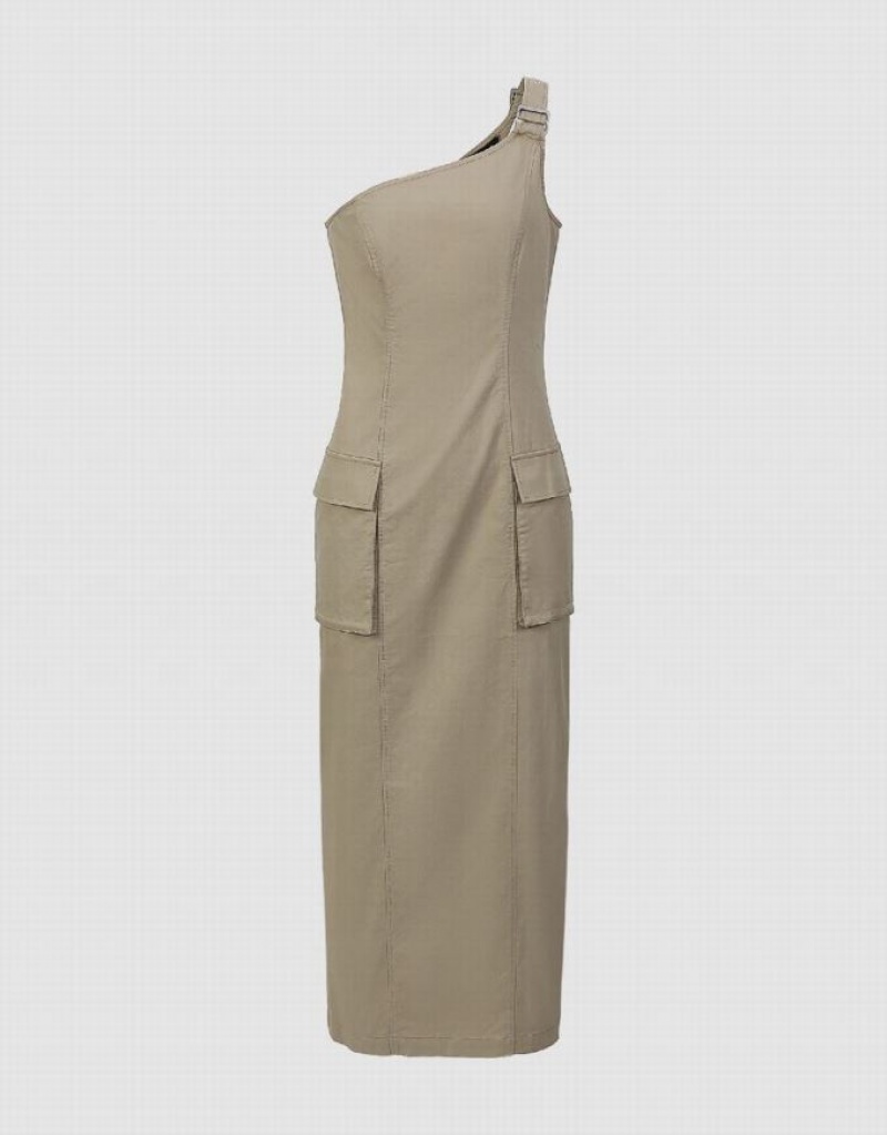 Khaki Urban Revivo Sleeveless One Shoulder Straight Women\'s Dress | OUFAYZ-812