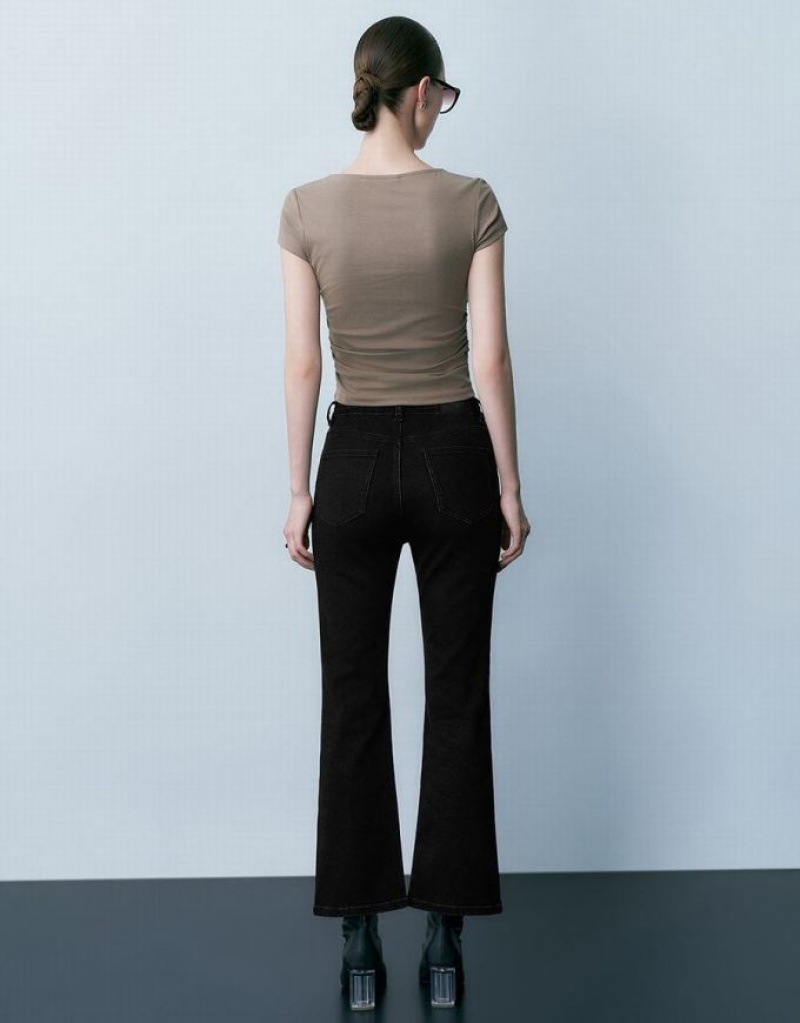 Khaki Urban Revivo Square-Cut Collar Skinny Knitted Women's T-Shirts | LDBOVC-153