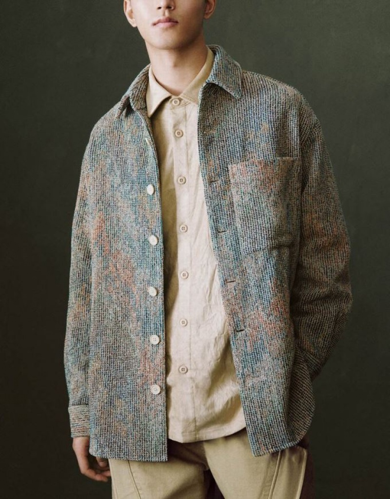 Khaki Urban Revivo Textured Button Up Straight Men's Jacket | MIJNPK-562