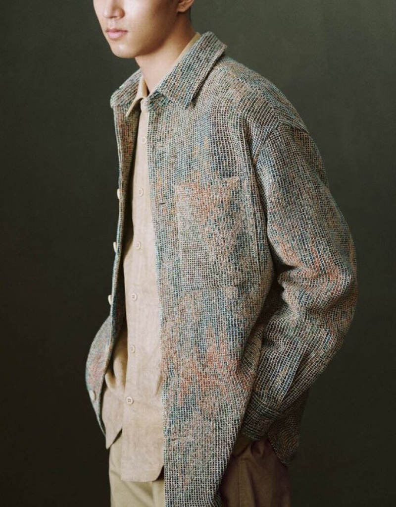 Khaki Urban Revivo Textured Button Up Straight Men's Jacket | MIJNPK-562