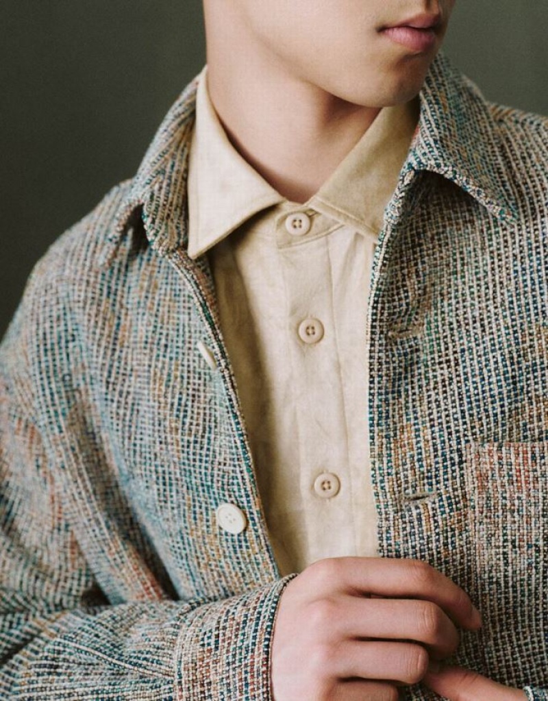 Khaki Urban Revivo Textured Button Up Straight Men's Jacket | MIJNPK-562