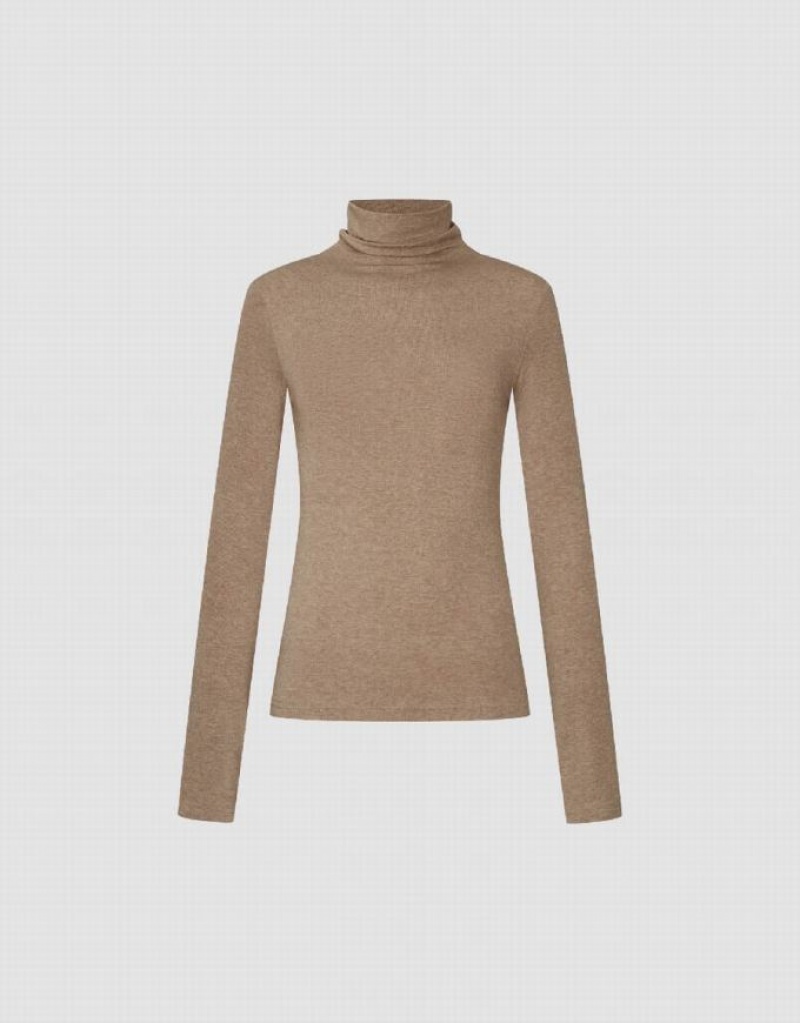 Khaki Urban Revivo Turtle Neck Skinny Women's T-Shirts | GCMYNX-146