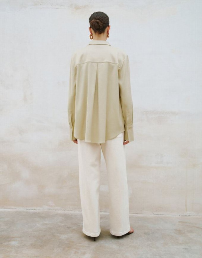 Khaki Urban Revivo Two Toned Straight Women's Shirts | WDJYRP-896