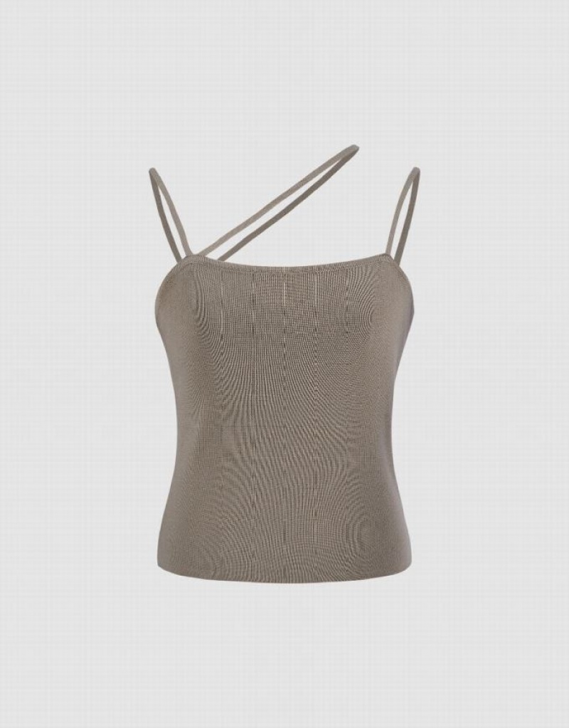 Khaki Urban Revivo U Neck Knitted Women's Cardigan | KTCPNI-783