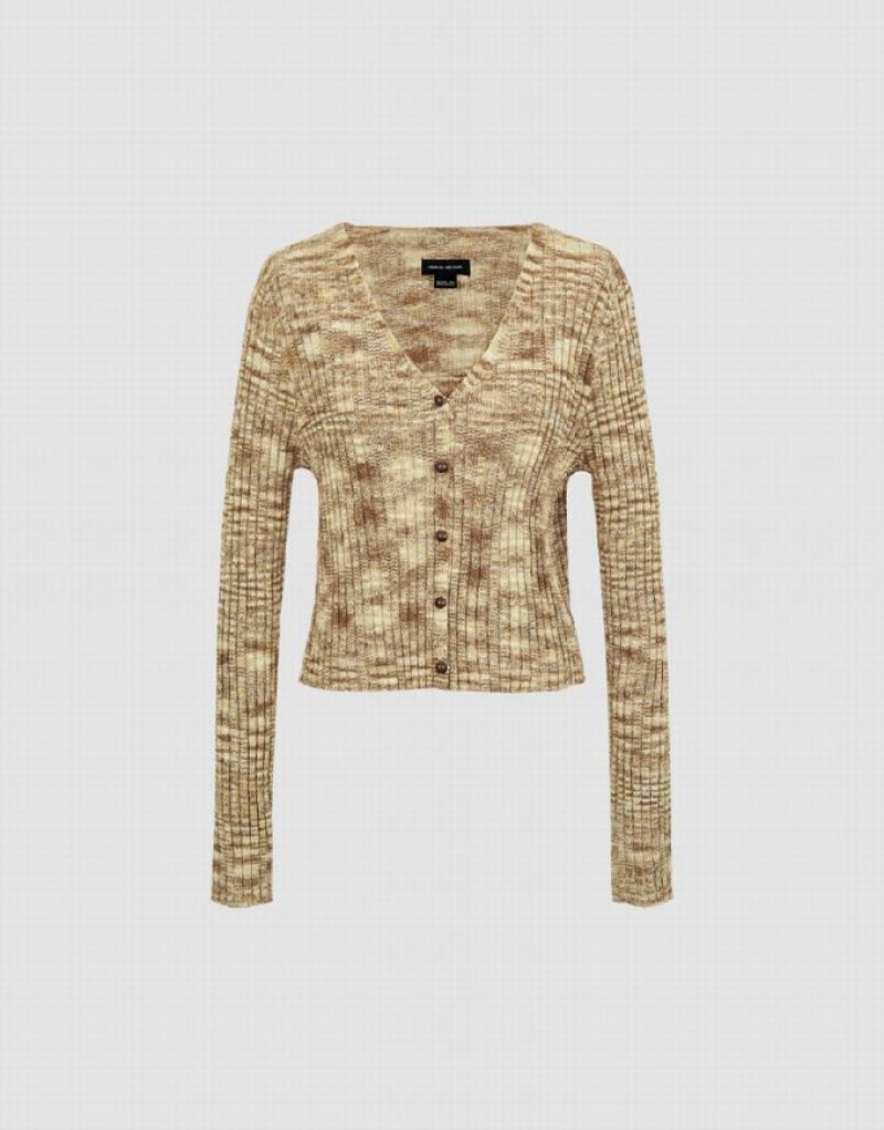 Khaki Urban Revivo V-Neck Knitted Women's Cardigan | XLJAWF-468