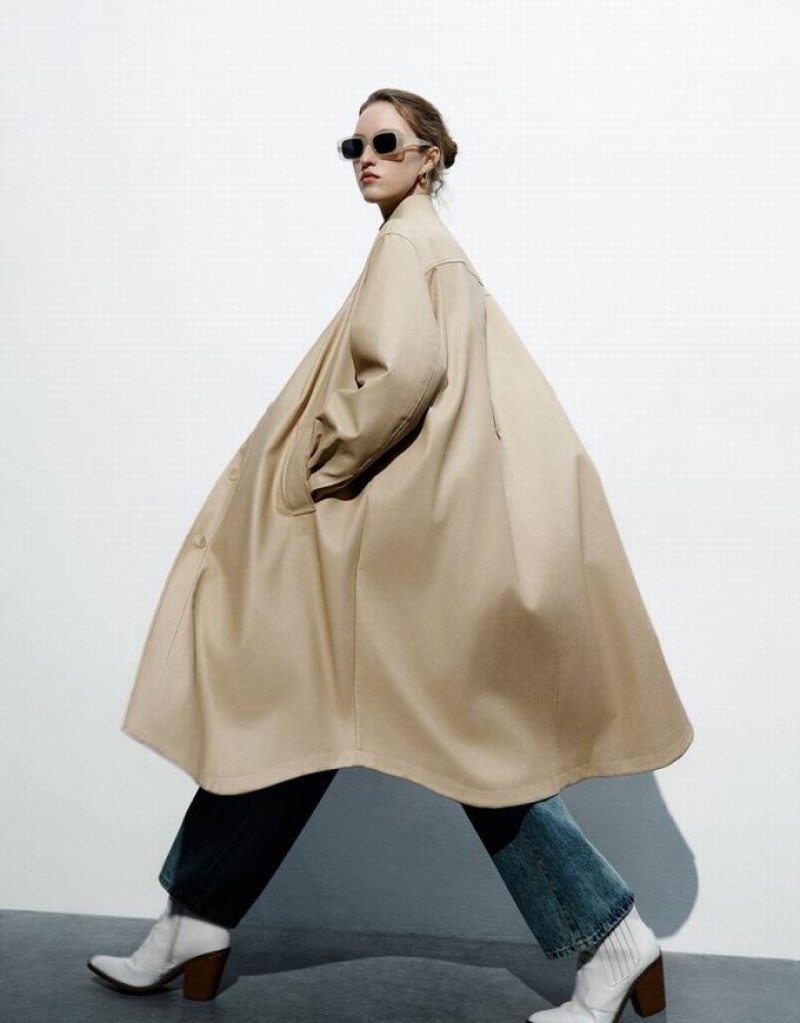 Khaki Urban Revivo Vegan Leather Straight Women's Coats | NCFSMT-180