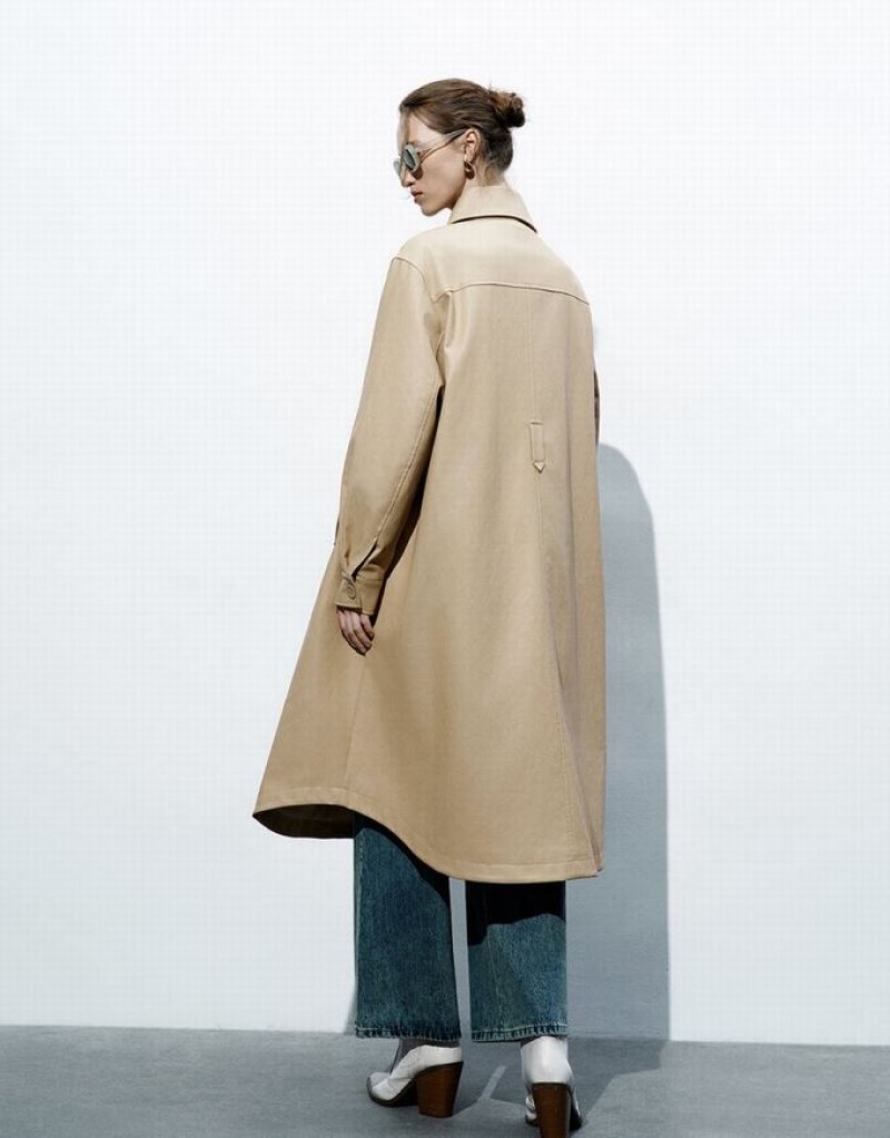 Khaki Urban Revivo Vegan Leather Straight Women's Coats | NCFSMT-180