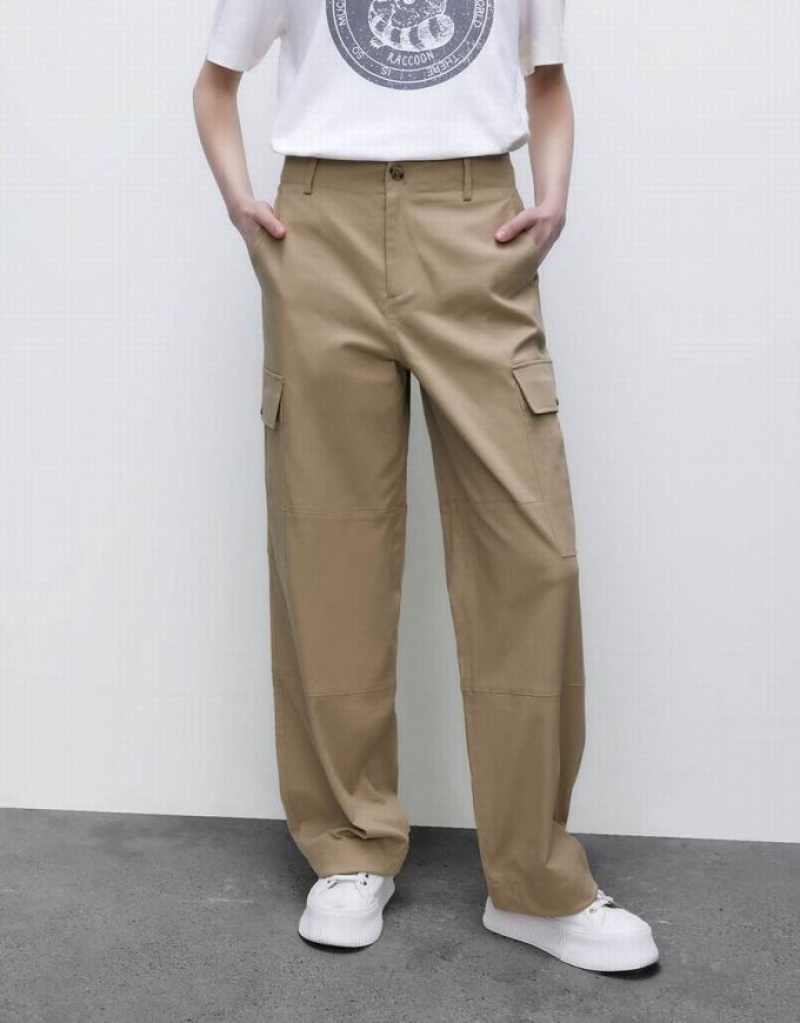 Khaki Urban Revivo Wide-Leg Women's Pants | NHYSUA-642