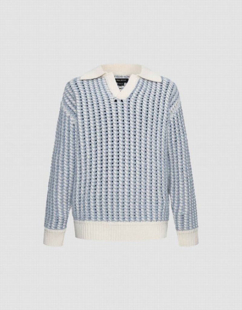 Light Blue Urban Revivo Striped Two Toned Knitted Men's Cardigan | POXLRH-274