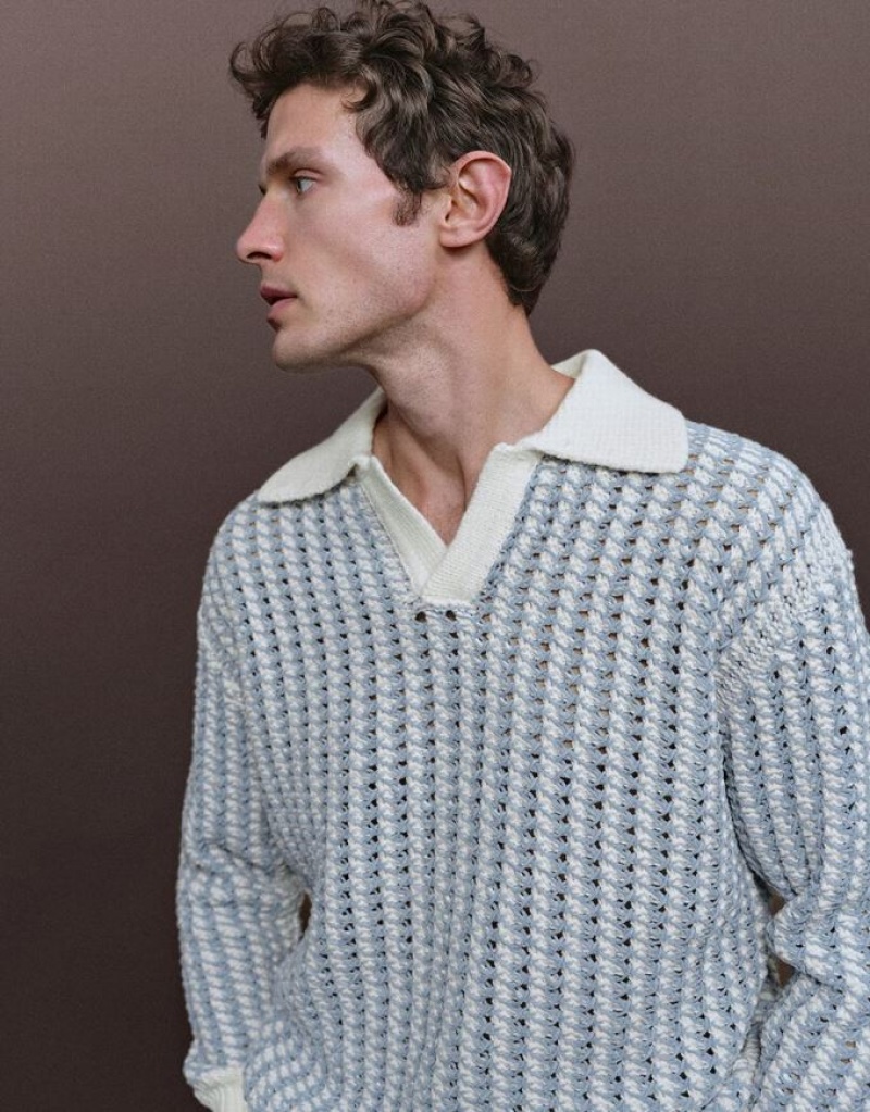 Light Blue Urban Revivo Striped Two Toned Knitted Men's Cardigan | POXLRH-274