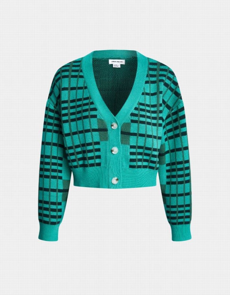 Light Green Urban Revivo Plaid Pattern Drop Shoulder Crop Knit Women\'s Cardigan | GQHXJE-350