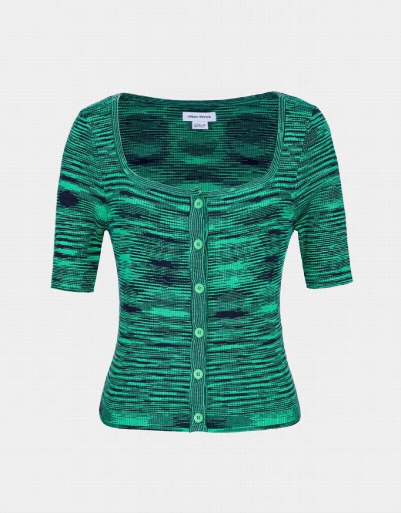 Light Green Urban Revivo U Neck Button Front Skinny Women\'s Cardigan | ASEKDY-203