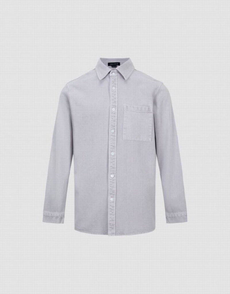 Light Grey Urban Revivo Button Up Loose Denim Men's Shirts | LONJKF-016