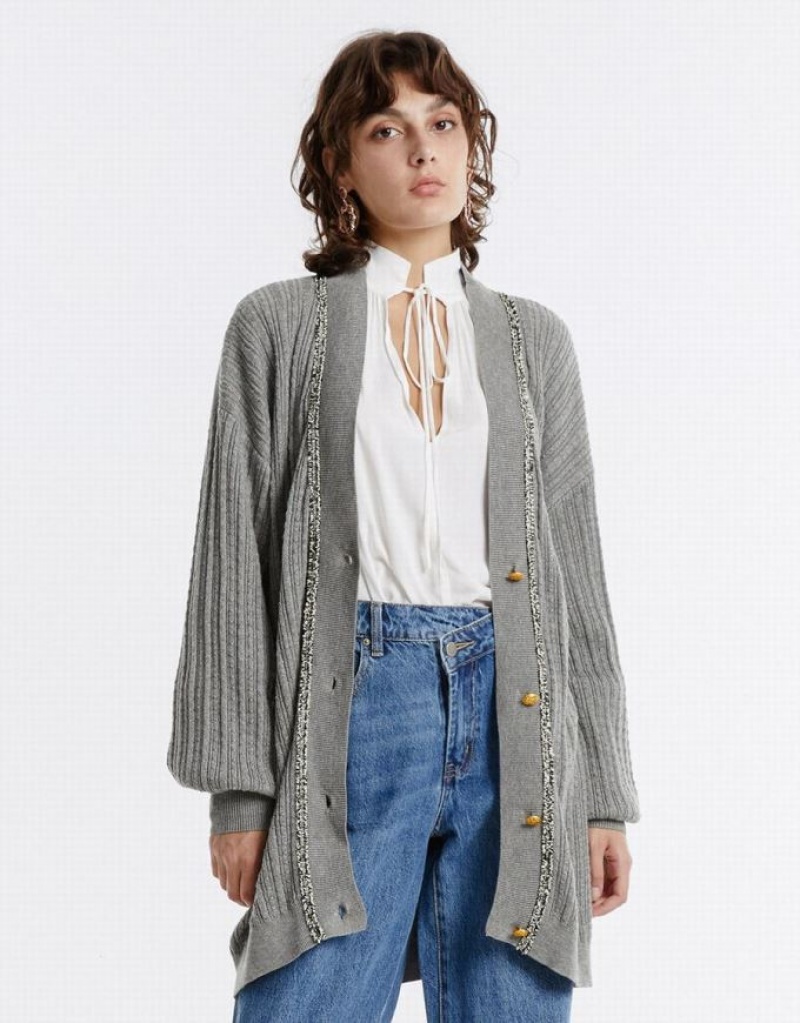 Light Grey Urban Revivo Contrast Trim Women\'s Cardigan | DGKVRC-907