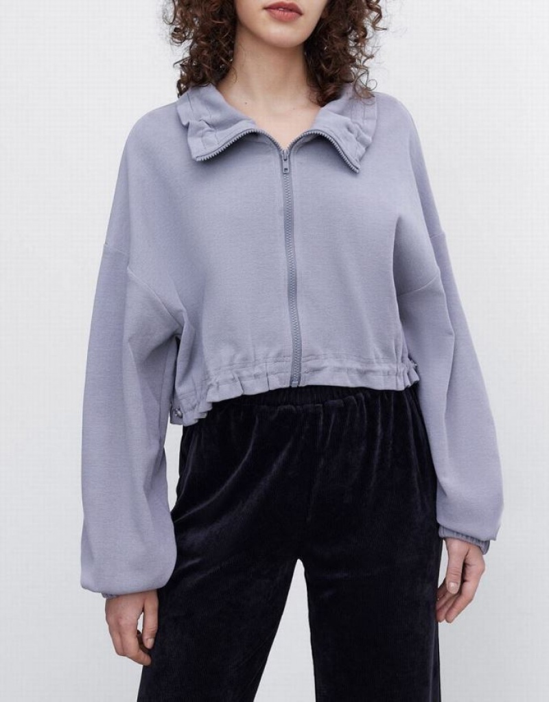 Light Grey Urban Revivo Drawstring Zip Up Women's Jacket | AFSUPN-065