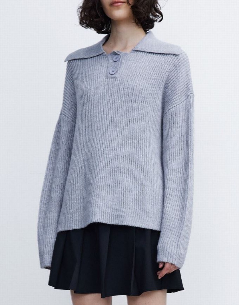 Light Grey Urban Revivo Half Button Drop Shoulder Women's Sweaters | PTZSEU-073