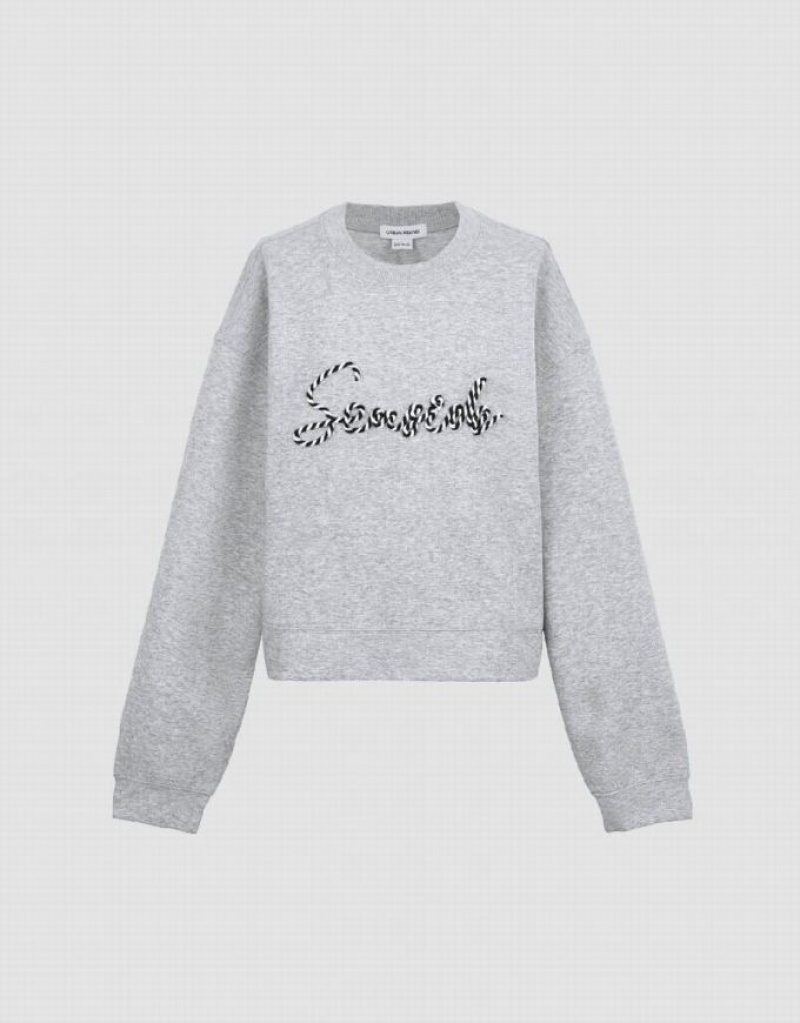 Light Grey Urban Revivo Letter Embroidered Crew Neck Loose Women's Sweatshirts | XFNRBE-483
