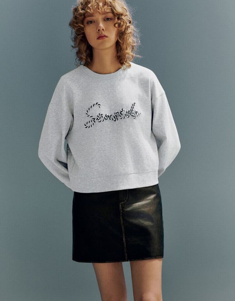Light Grey Urban Revivo Letter Embroidered Crew Neck Loose Women's Sweatshirts | XFNRBE-483