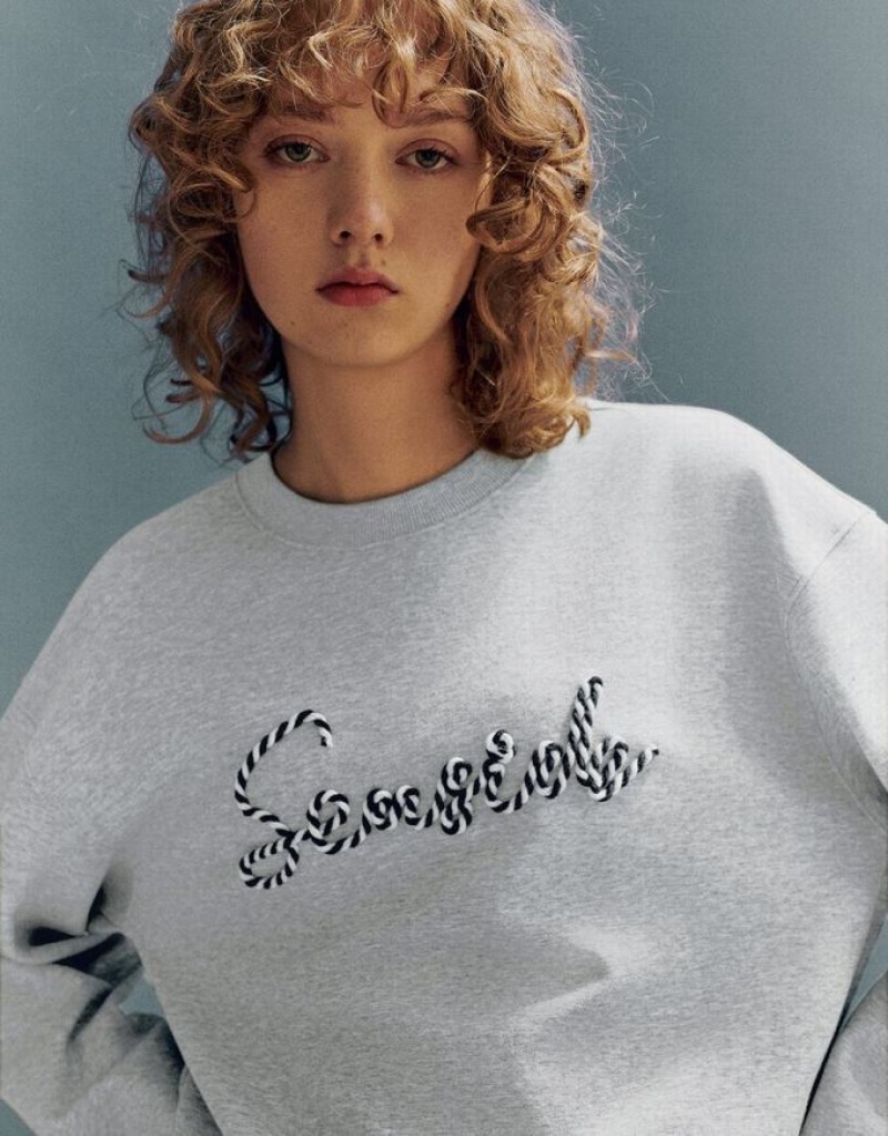 Light Grey Urban Revivo Letter Embroidered Crew Neck Loose Women's Sweatshirts | XFNRBE-483
