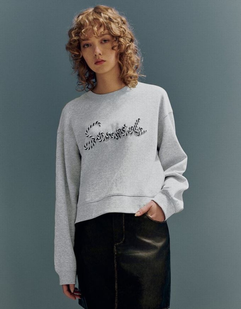 Light Grey Urban Revivo Letter Embroidered Crew Neck Loose Women\'s Sweatshirts | XFNRBE-483