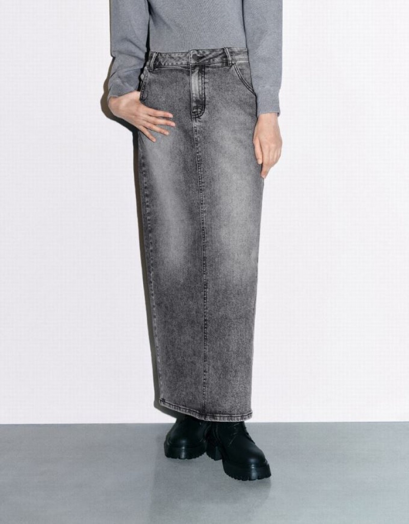 Light Grey Urban Revivo Midi Straight Women's Denim Skirt | SBIDMF-039