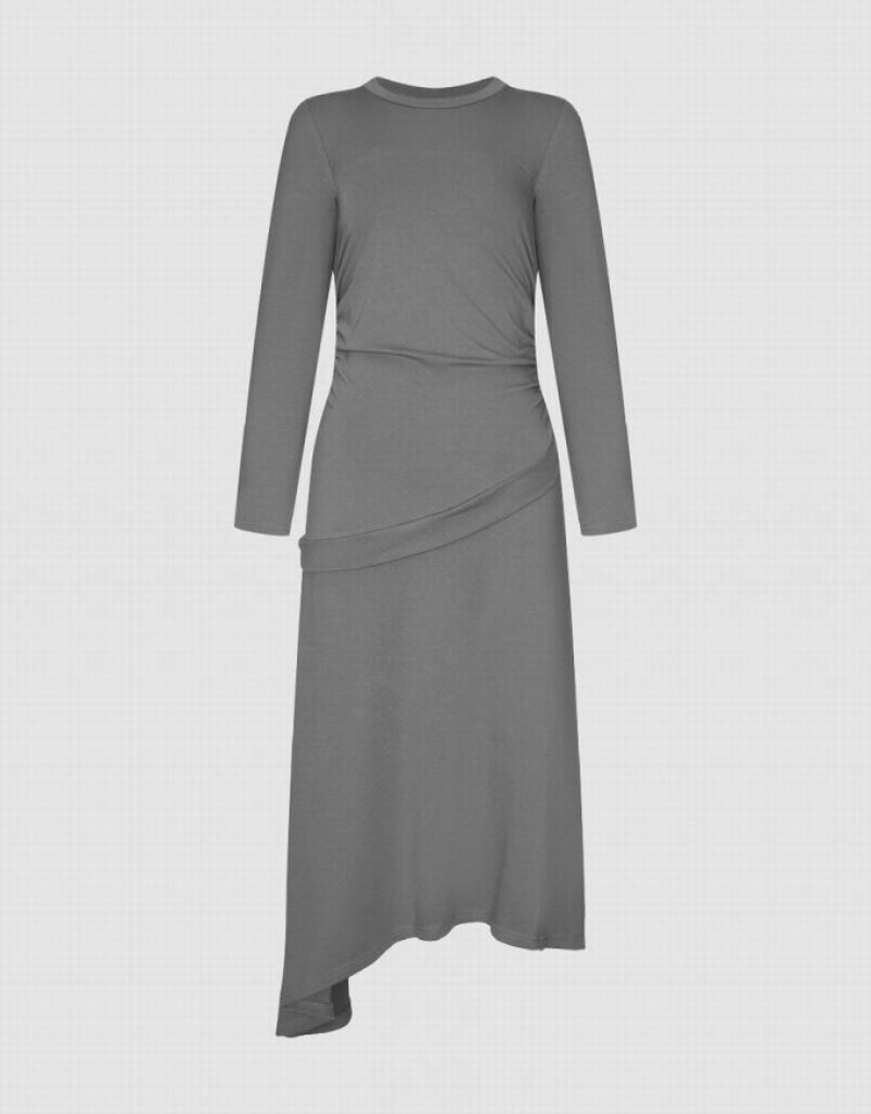 Light Grey Urban Revivo Ruched Crew Neck A-Line Women's Dress | UCTESA-987