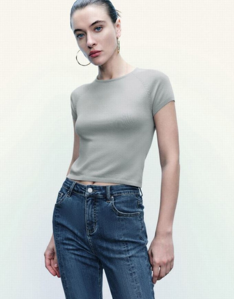 Light Grey Urban Revivo Skinny Crew Neck Knitted Women's Cardigan | VJYALK-568