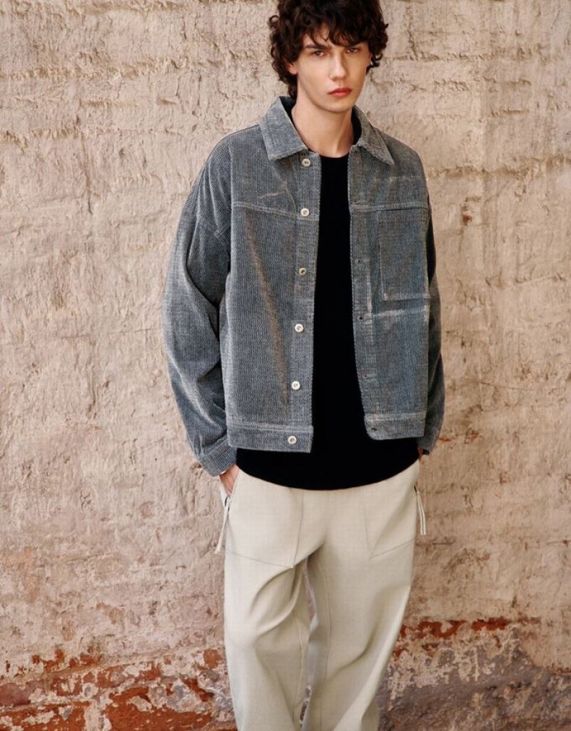 Light Grey Urban Revivo Textured Button Up Men's Denim Jackets | DGCQZP-460