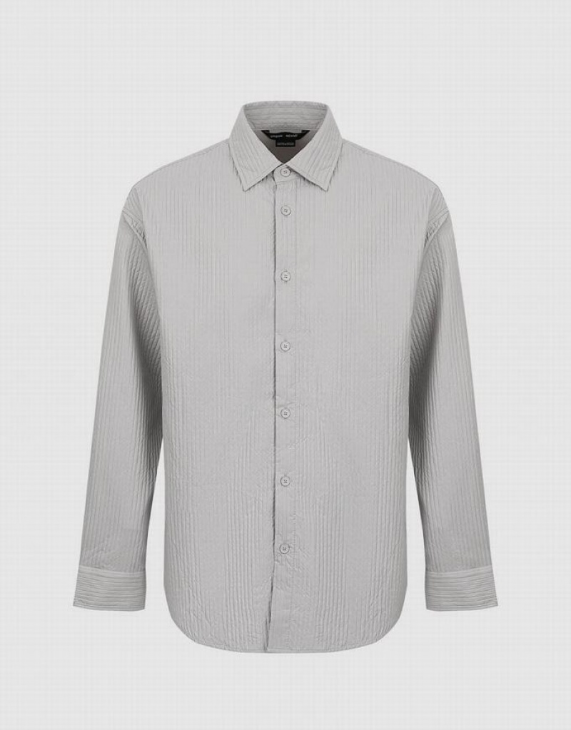 Light Grey Urban Revivo Textured Button Up Loose Men's Shirts | ECHZGN-957