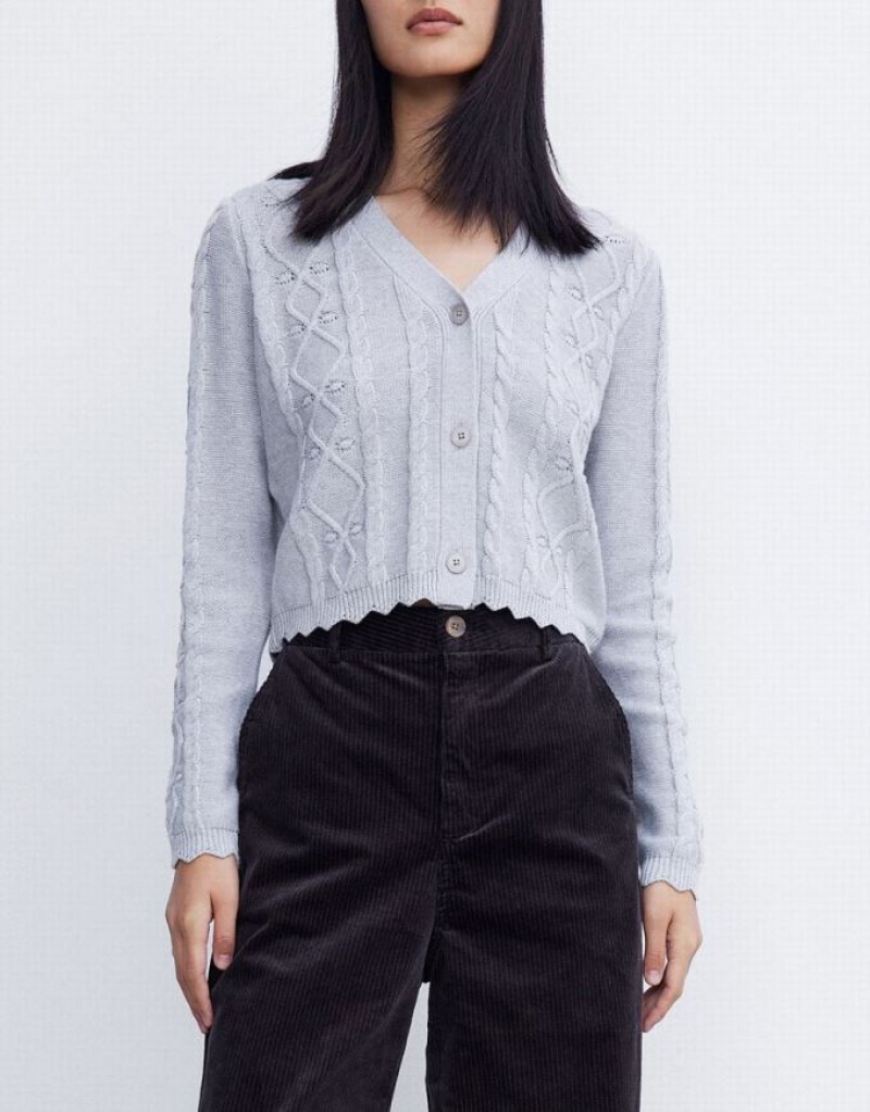Light Grey Urban Revivo Wave Trim Cable Knit Women's Cardigan | NKMELO-948
