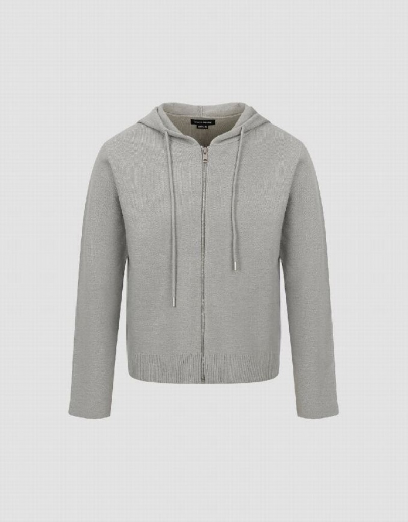 Light Grey Urban Revivo Zipper Front Hooded Knitted Men's Cardigan | JSEHTV-497